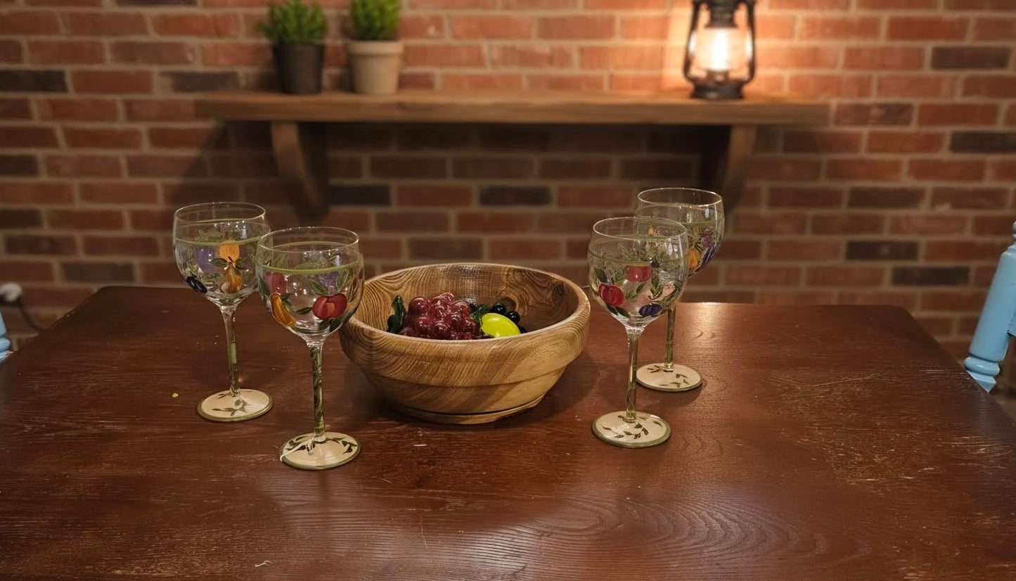 Wooden Fruit Bowl Containing Glass Fruit Decor